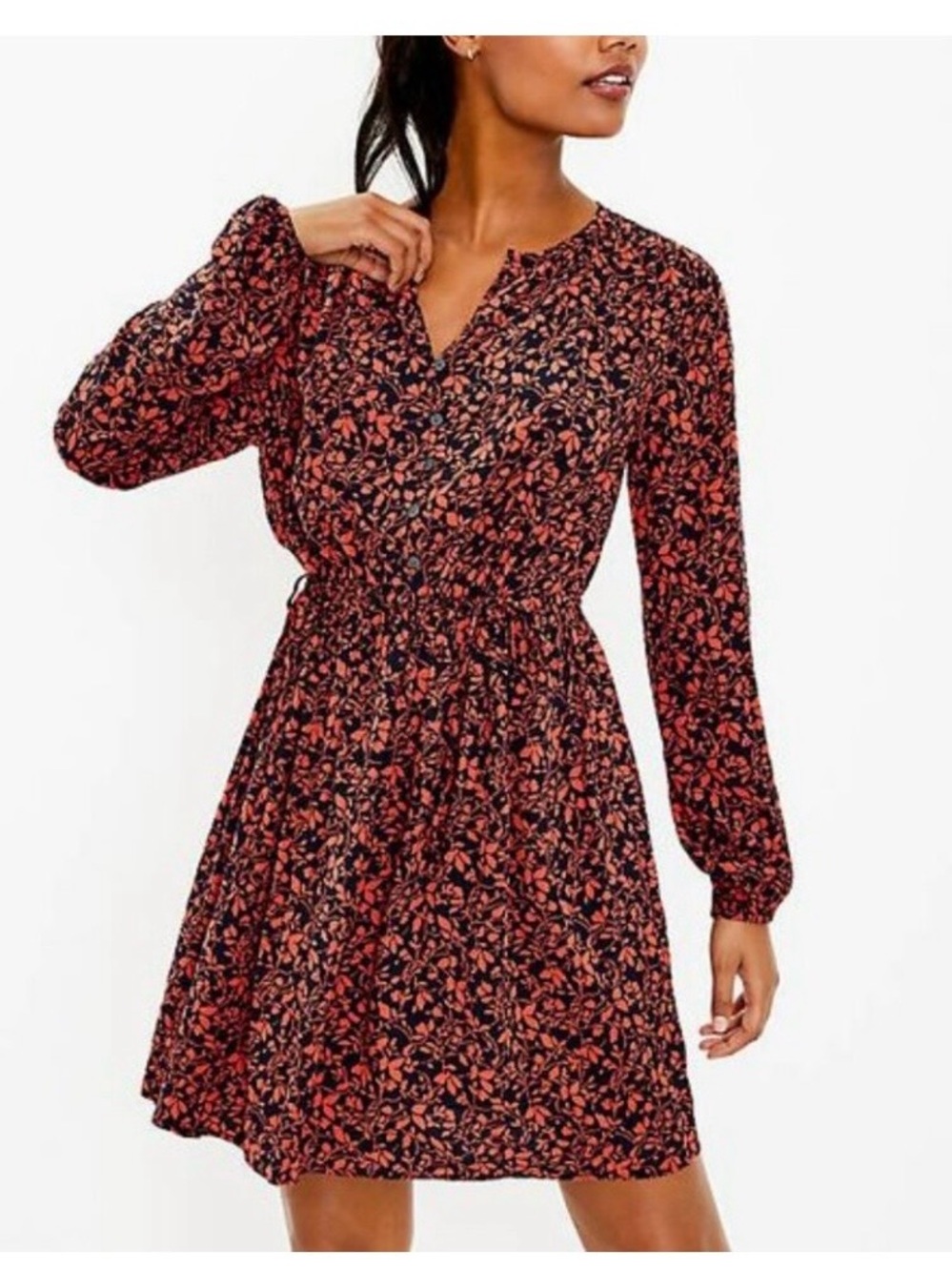 LOFT Navy Dress with Red Floral Print - Long Sleeve